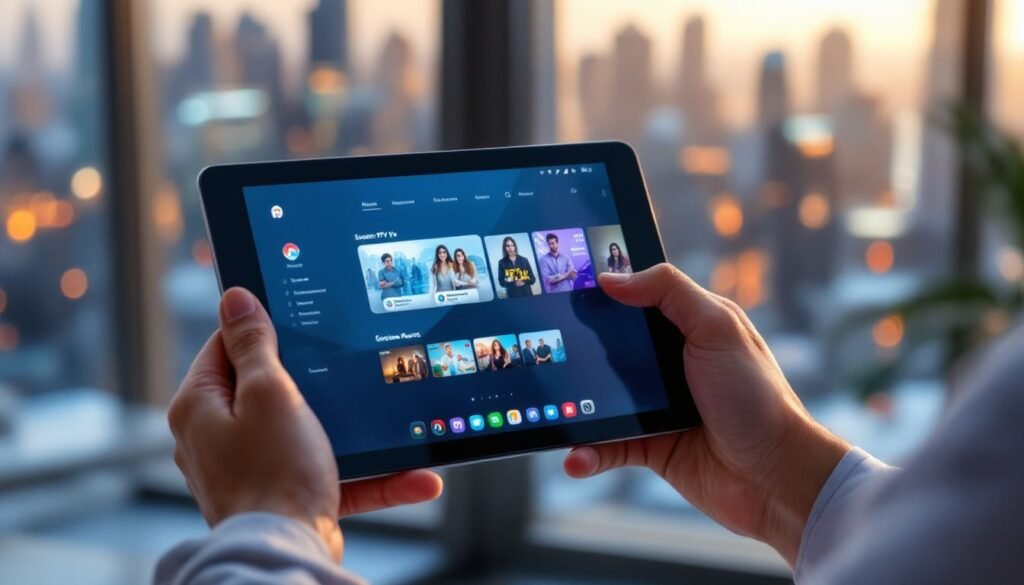 IPTV Provider UK: A person holding a tablet with a TV streaming app
