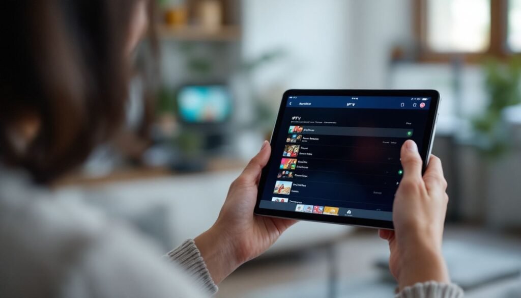 IPTV Plans UK: A woman holding a tablet with an IPTV app open
