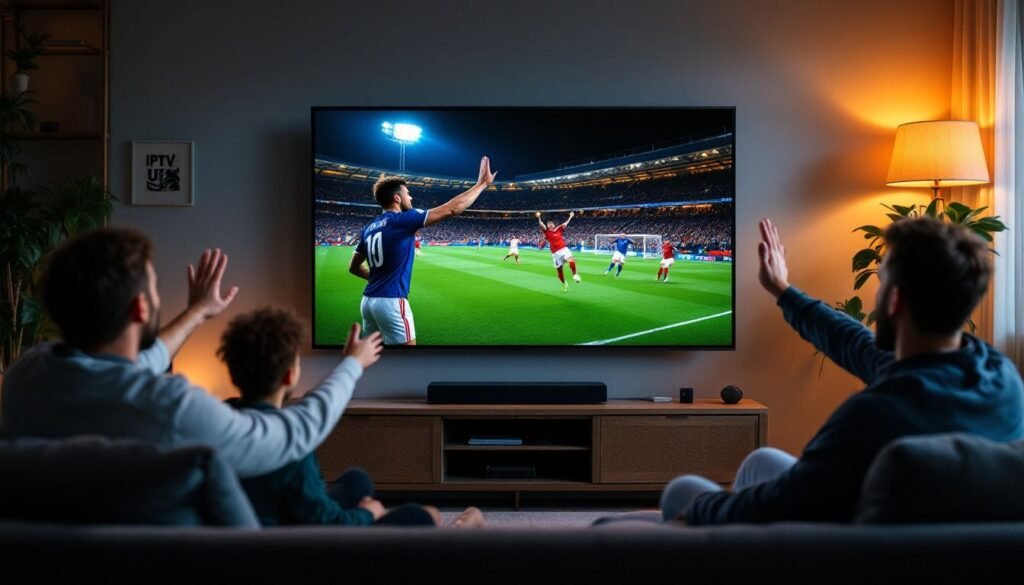 IPTV UK Sports 2026: A living room with a large screen TV showing a live sports match