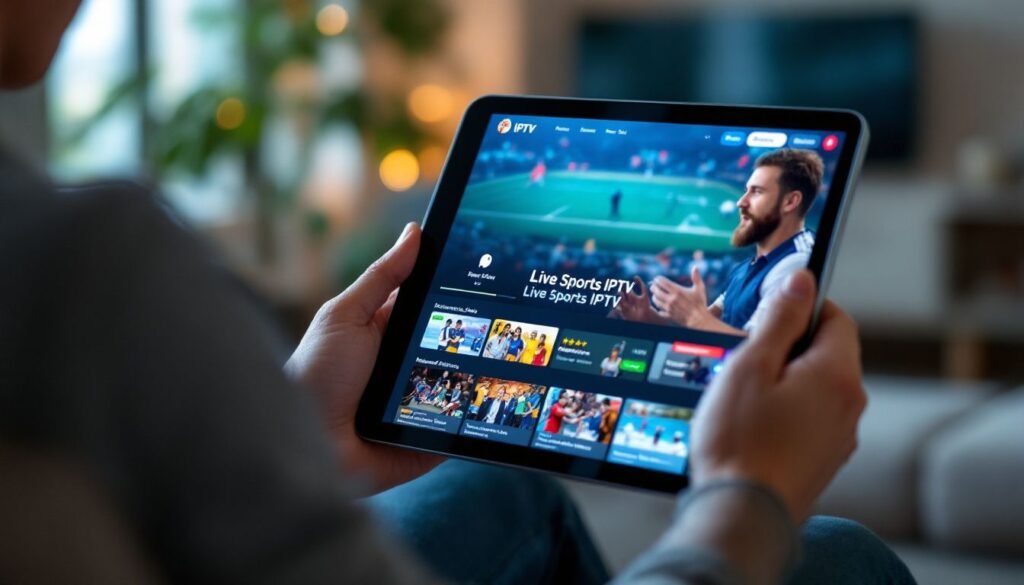 A person holding a tablet with a Live Sports IPTV app open