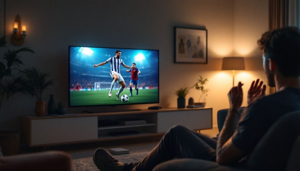 IPTV Champions League 2026: A fan watching a live match on their smart TV