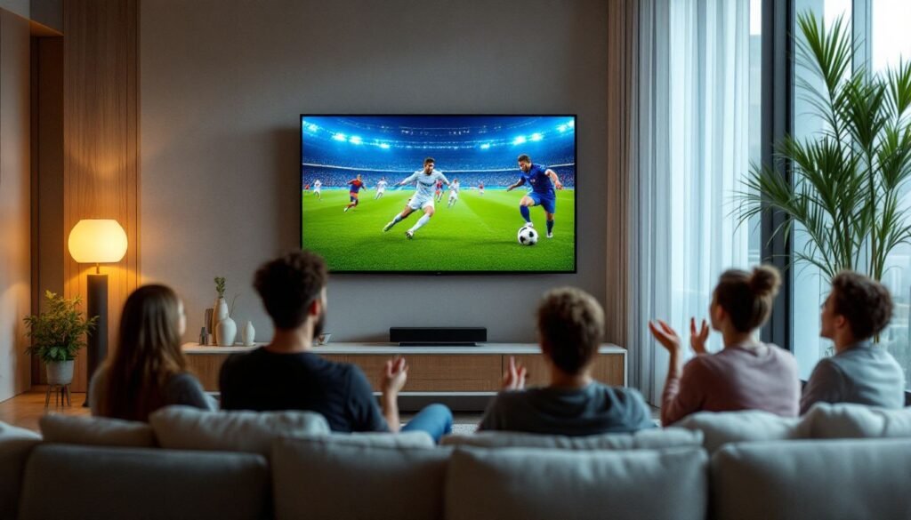 Live Sports IPTV streaming on a TV with a football match playing