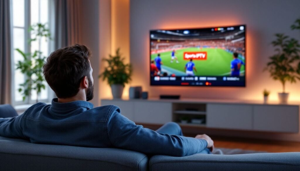 Sports IPTV UK 2026: A man watching live sports on his TV with a stable internet connection