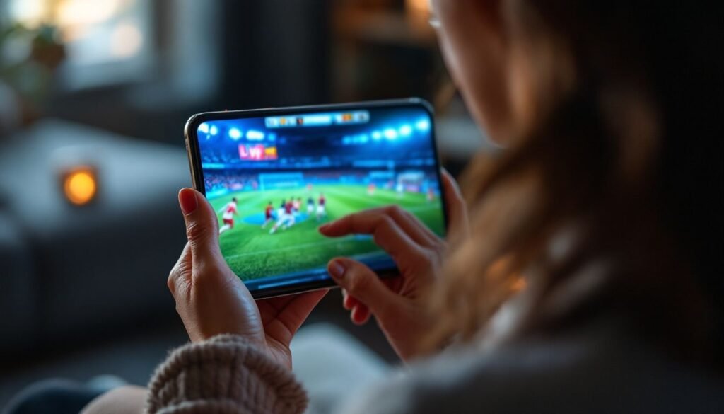 Sports IPTV UK: A woman streaming live sports on her mobile device with a Sports IPTV UK provider